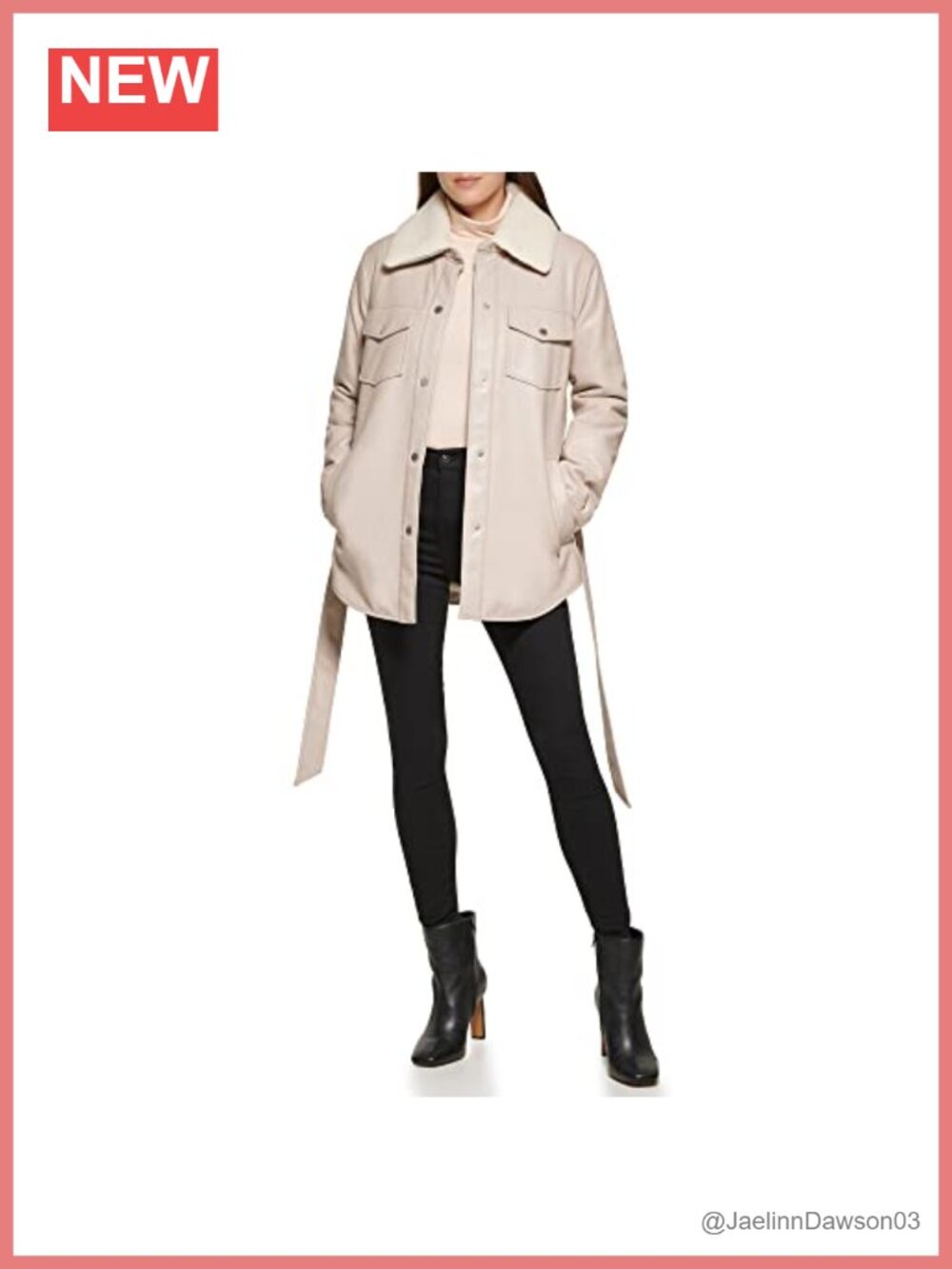 Faux-Leather Belted Trench Shacket Sherpa Collar Button Up Long Sleeve